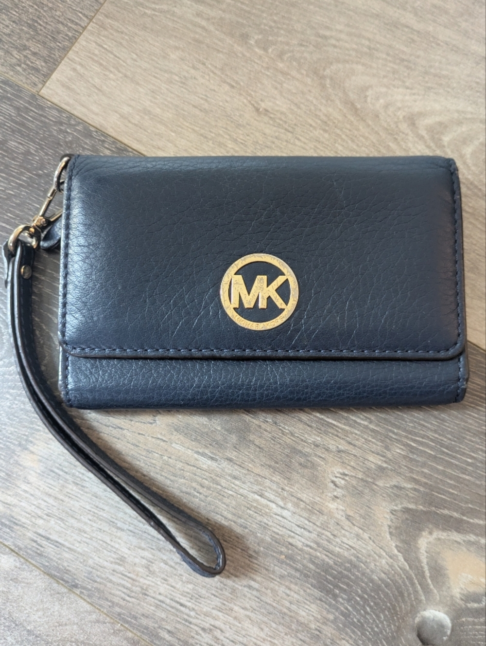 Michael Kors Black Leather Wristlet with Gold Logo